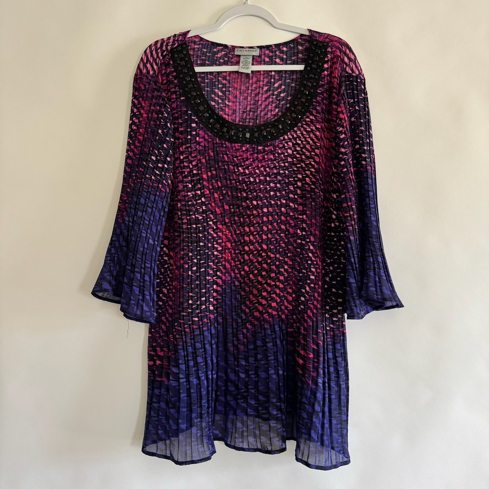 Catherine's Purple Pink‎ Ombre Rhinestone 3/4 Sleeve Top Blouse 2X